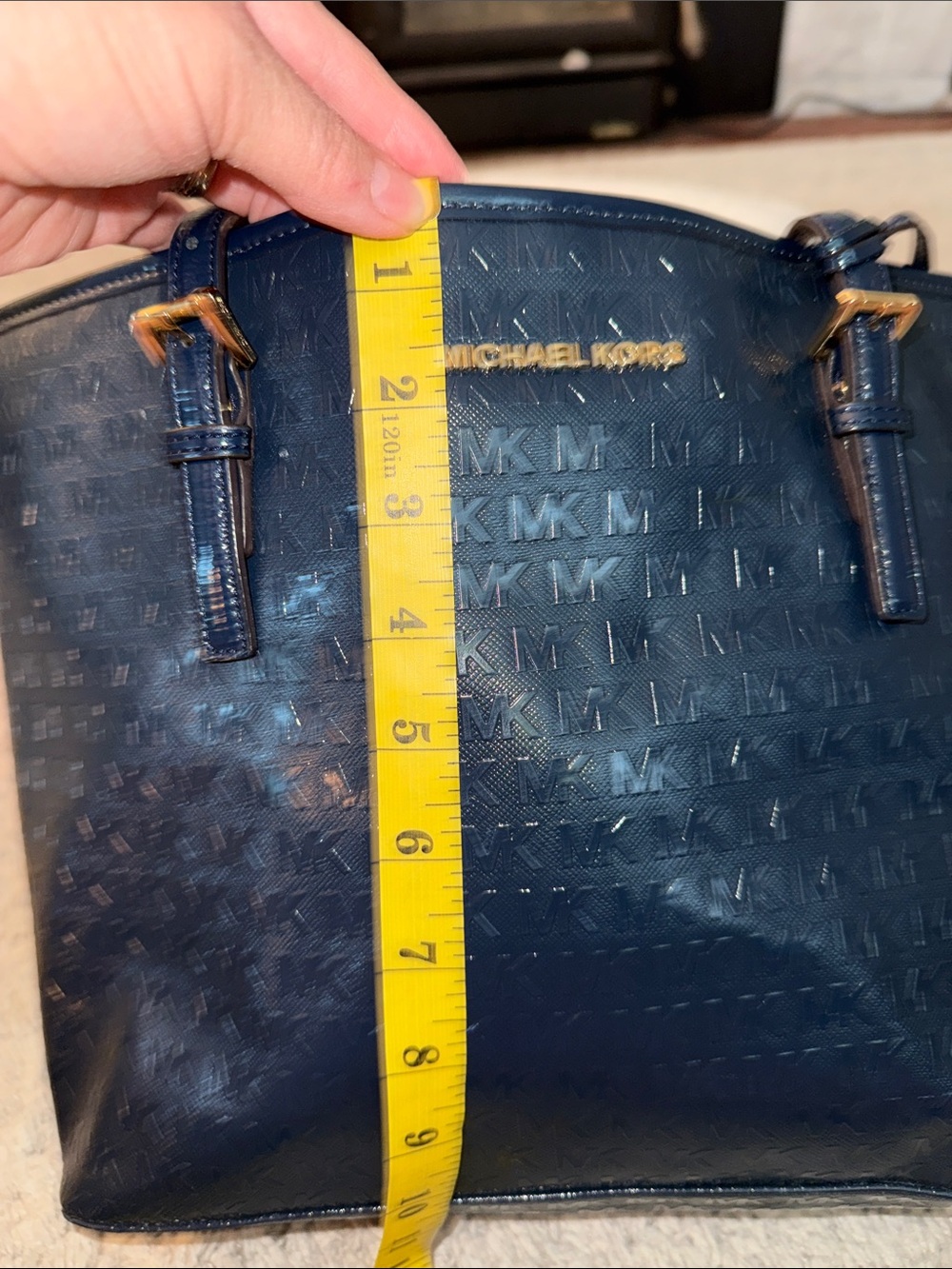 Michael Kors Navy Embossed MK jet set Tote luxury business casual cozy feminine - Picture 10 of 12